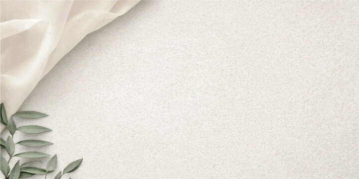 Minimalist background with beige fabric and delicate green leaves on textured light surface flat lay minimalist background textured aesthetic