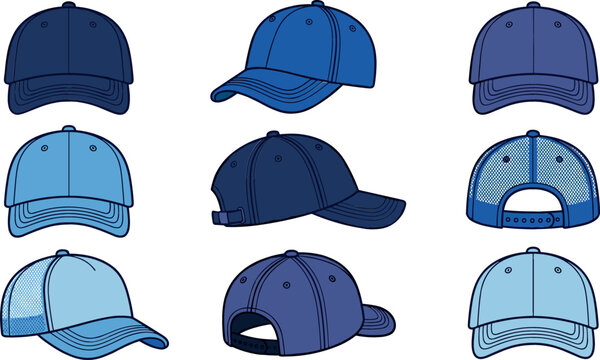 Baseball cap template mockups vector set with blank blue hats from front, back, side views, and snapback mesh trucker cap designs