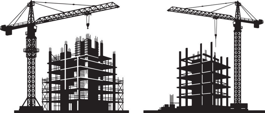 Construction site silhouettes with tower cranes and building frames for architectural development projects in vector illustration format