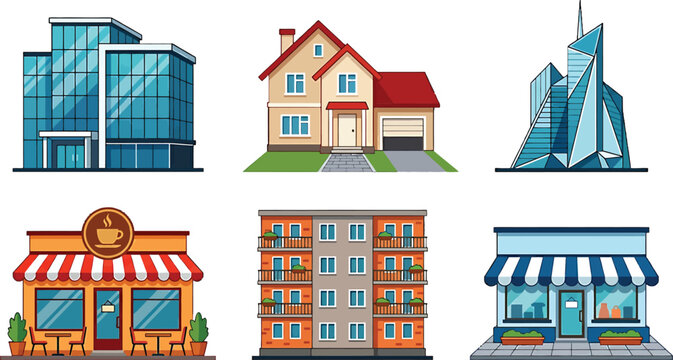 Set of various building icons including residential houses, modern office skyscrapers, and small commercial storefront shops vector