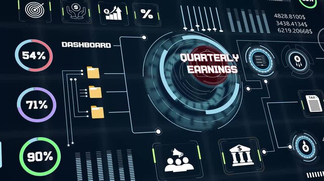 Financial management interface focusing on corporate quarterly earnings statistics alongside abstract business growth graphics