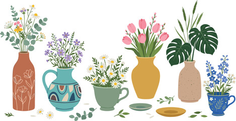 Beautiful floral vector collection featuring colorful spring flowers daisies pink tulips lavender and monstera leaves in ceramic vases pots and teacups isolated on white background © Mdjony