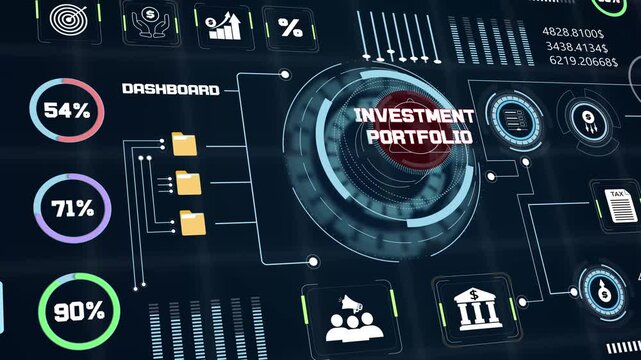 Financial wealth optimization background focusing on investment portfolio details using modern technical hud screen design elements