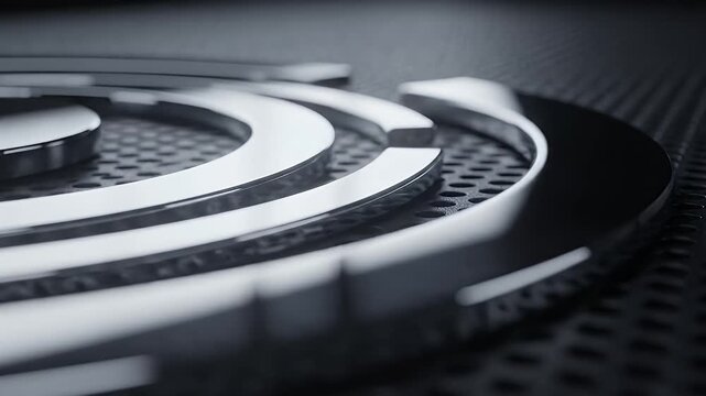 Close-up of a chrome emblem on a textured surface