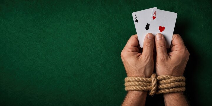 Bound hands holding aces playing cards, gambling addiction concept, betting dependency, compulsive gaming behavior, financial risk and loss of control, Horizontal banner, copy space