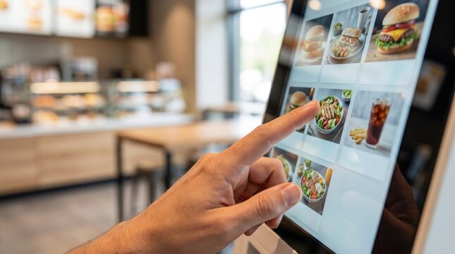 Customer using a touchscreen self service kiosk to order food in a restaurant, digital menu selection, fast food technology, contactless ordering and modern dining experience