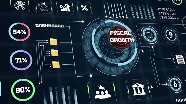 Financial forecasting background illustrating business fiscal growth progress using modern technical hud interface display loops