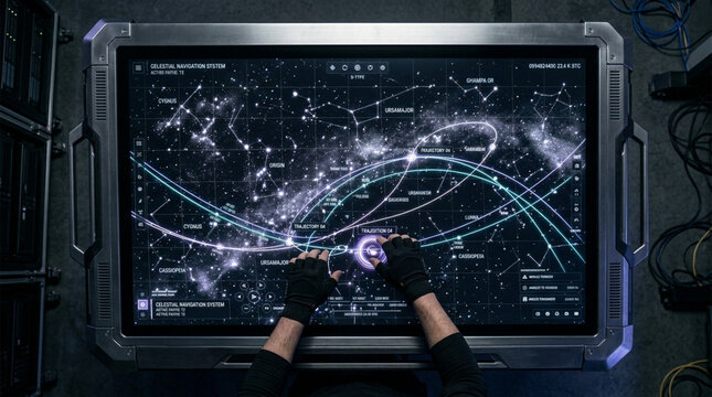 Astronaut uses celestial navigation system on futuristic touchscreen in space mission control