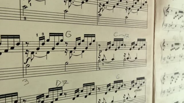 Close up of sheet music book with handwritten chords and musical notes, artist, musician, composer