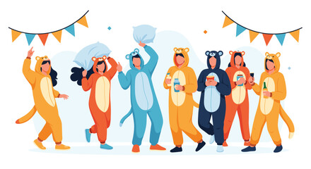 Fototapeta premium Group of happy diverse friends in cute animal onesie pajamas enjoy a pillow fight and dance at a festive party.
