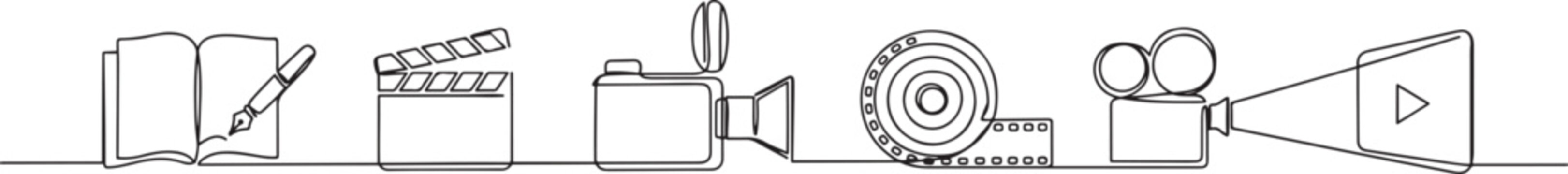continuous line of film making process. one line Art icon drawing