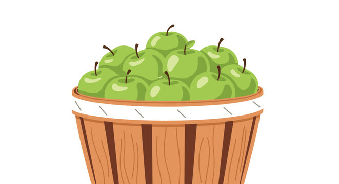 Wooden bushel basket filled to the brim with fresh green apples representing a successful fruit harvest or market.