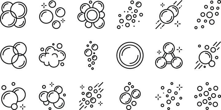 Soap bubbles and water foam line icon set with clean fizzy liquid spheres and chemical carbonation