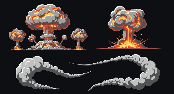 Pixel art explosion and smoke effects set displays retro video game mushroom clouds, fireburst, and smoke trails.