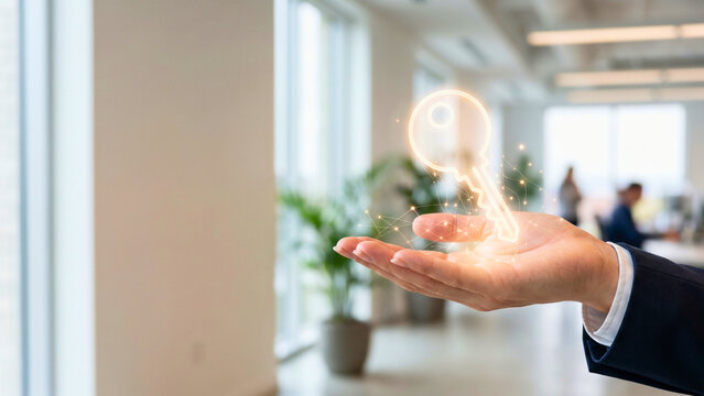 Businessperson's hand offering glowing translucent key-shaped icon outward from palm with network lines behind it, digital access concept, key to digital transformation, unlock potential