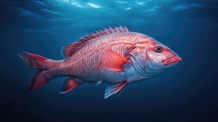 Fototapeta premium Vibrant red snapper swimming in deep blue ocean.