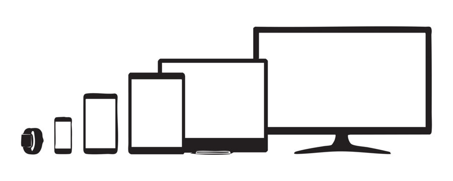 Responsive design digital devices silhouette set including smartwatch smartphone tablet and monitor.