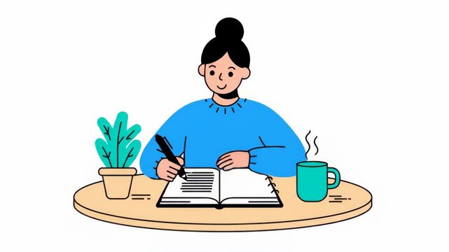 Animated Young Woman Writing or Studying in Notebook at Desk