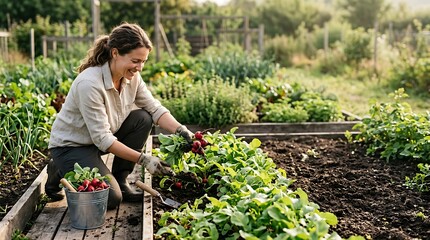 Fototapeta premium Smiling woman harvesting fresh radishes in an organic garden