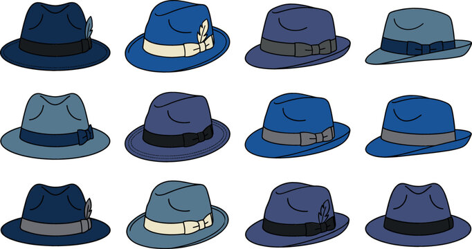 Classic men fedora hats vector illustration set with elegant brims, decorative ribbons, bands, feathers, and various shades of blue headwear