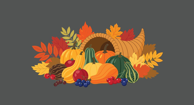 Traditional Thanksgiving cornucopia overflowing with colorful pumpkins, squash, berries, and autumnal fallen leaves.