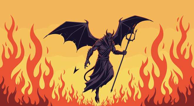 Powerful dark devil character with massive bat wings holding a trident pitchfork surrounded by fierce hell fire.