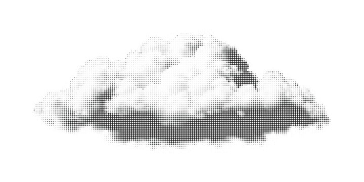 Abstract halftone cloud shape created with circular dots for digital design compositions.