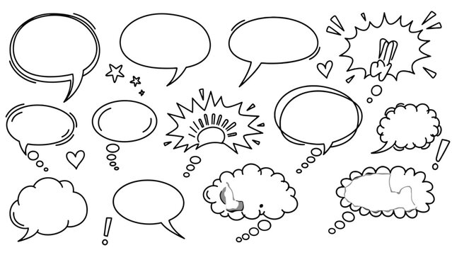 Large collection of hand drawn doodle speech and thought bubbles with small decorative elements on an isolated white background.