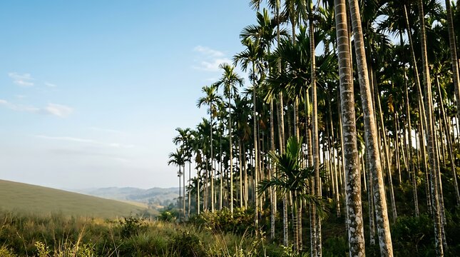Slender betel nut palm trees in a tropical hillside plantation