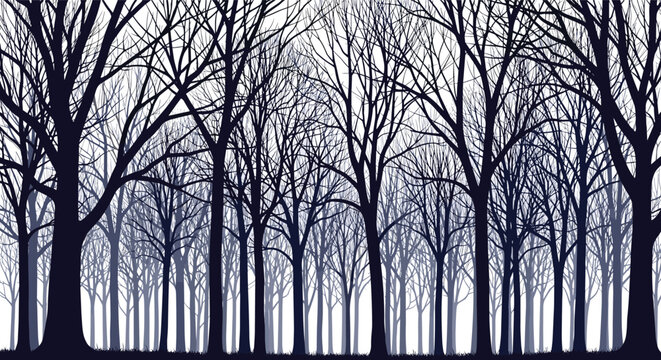 Silhouette of bare deciduous trees in dark blue tones creates a dense forest landscape vector background for nature concepts.