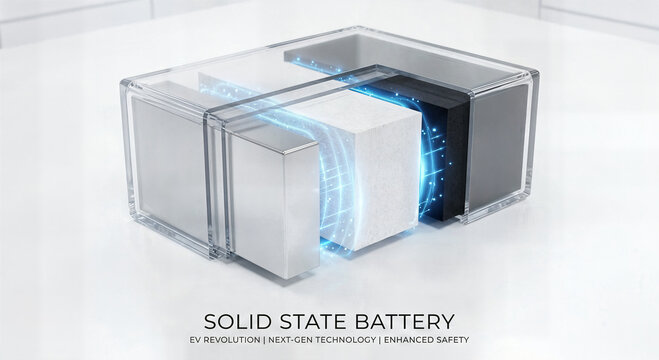 Innovative solid state battery technology for electric vehicles, layers shown with glowing energy, next generation power source offering enhanced safety and performance.