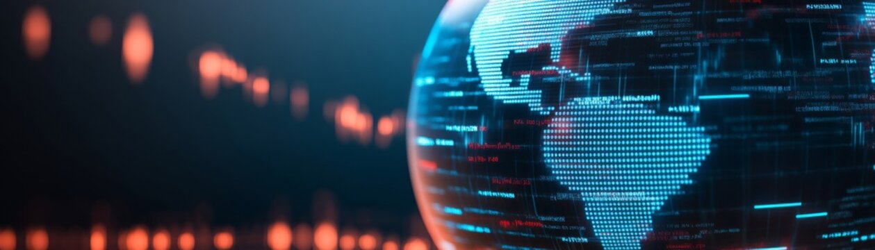 Digital globe made of blue binary data code in a glass sphere, shallow depth of field with blurry bokeh red lights, representing global cyber network connectivity, Big Data, Technology