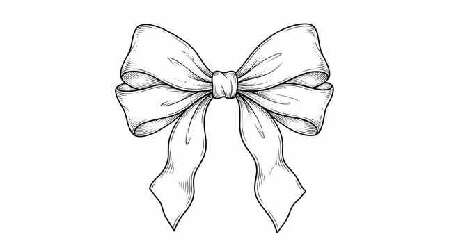 Hand drawn ribbon bow vector illustration, elegant black and white line art bow, decorative gift knot sketch for wedding invitations and greeting cards