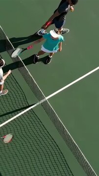 Vertical video: Meeting tennis players exchanging rackets at net on court after match in tennis kit