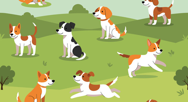 Joyful seamless pattern of diverse happy dogs playing and standing on a green grass field with bushes.