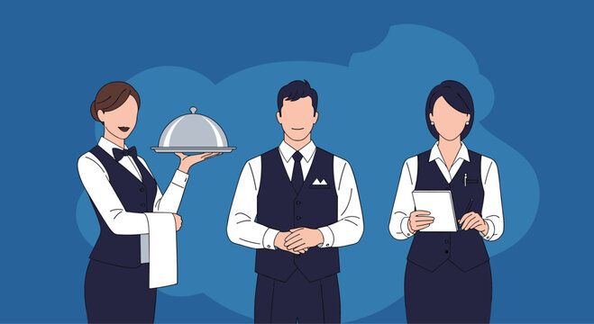 Professional restaurant service staff including waitress with cloche waiter and hostess on a blue background.