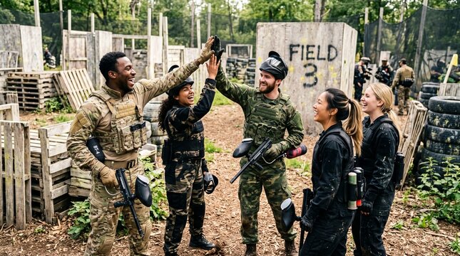 Diverse Team of Friends High-fiving Before Paintball Match