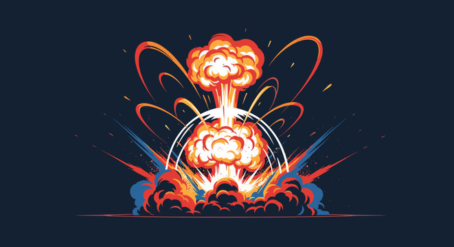 Dramatic stylized illustration of a nuclear explosion with a massive fire mushroom cloud on a dark background.