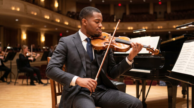 Good looking, young, thoughtful black, African-American male professional playing violin. He is elegantly, dressed in very professional