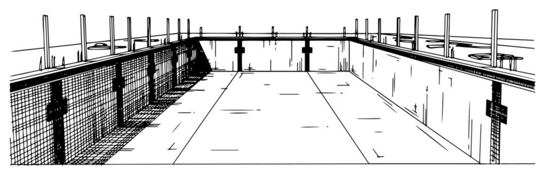 Empty industrial pool or concrete reservoir foundation vector sketch architectural perspective
