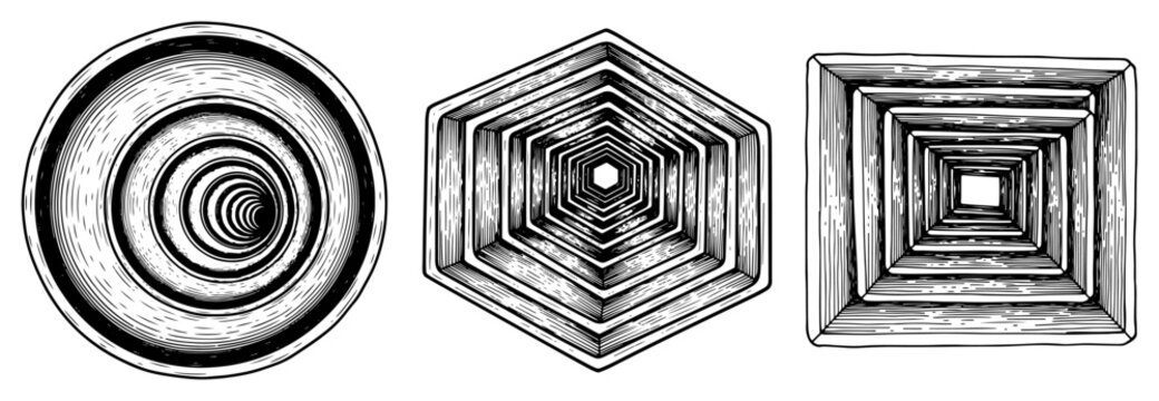 Geometric tunnel set with circular hexagonal and square vortex shapes vector sketch of portals