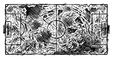 Obraz premium Destroyed football pitch top view vector sketch of ruined soccer field in post apocalyptic style