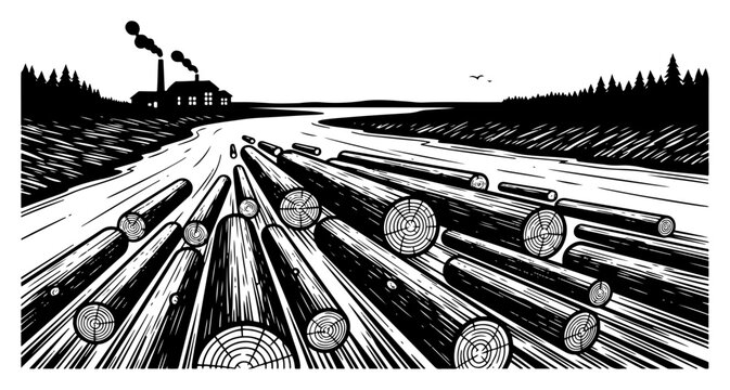 Log driving on river towards sawmill vector sketch timber industry and forestry transport landscape
