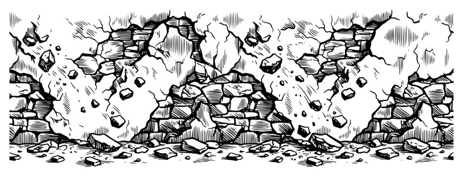 Crumbling brick wall with falling debris vector sketch of ruin and old building destruction