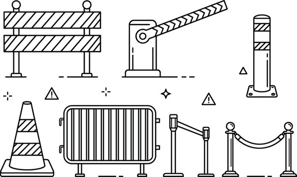 Traffic safety and crowd control barrier line icon set with parking gate cone bollard and stanchion