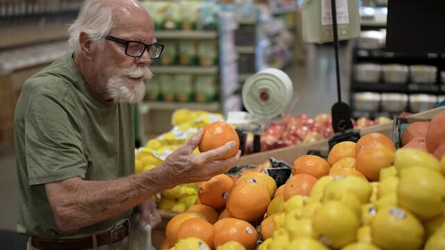 Elderly man enjoys shopping for fresh fruits and vegetables at a grocery store, picking out items and expressing joy.