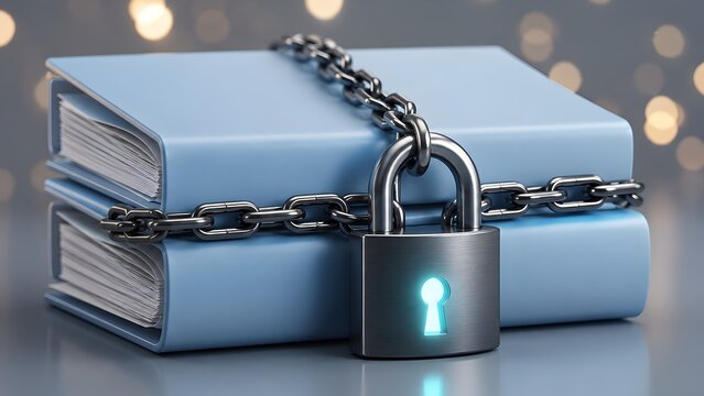 Confidential files in blue binders secured by a metal chain and a glowing padlock, highlighting robust information security and privacy.