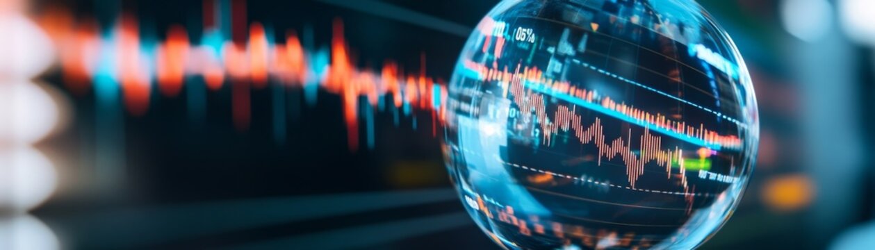 Macro close-up of a glass sphere refracting glowing orange and blue digital financial stock market graphs, conceptualizing data analysis and market volatility,Fintech,Data