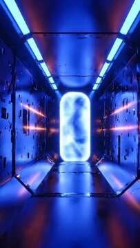 A blue-lit futuristic corridor leads to a bright, glowing portal. The scene has a sleek, metallic finish, with light beams