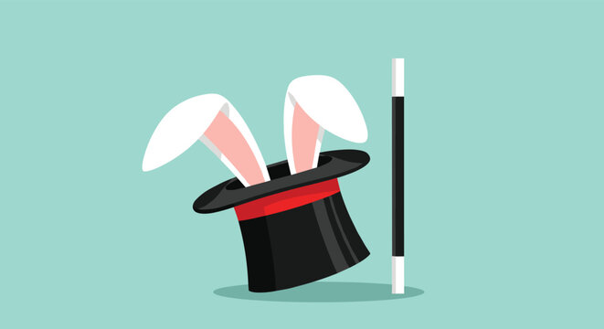 Classic magician's black top hat with rabbit ears popping out next to a magic wand on a light blue background.